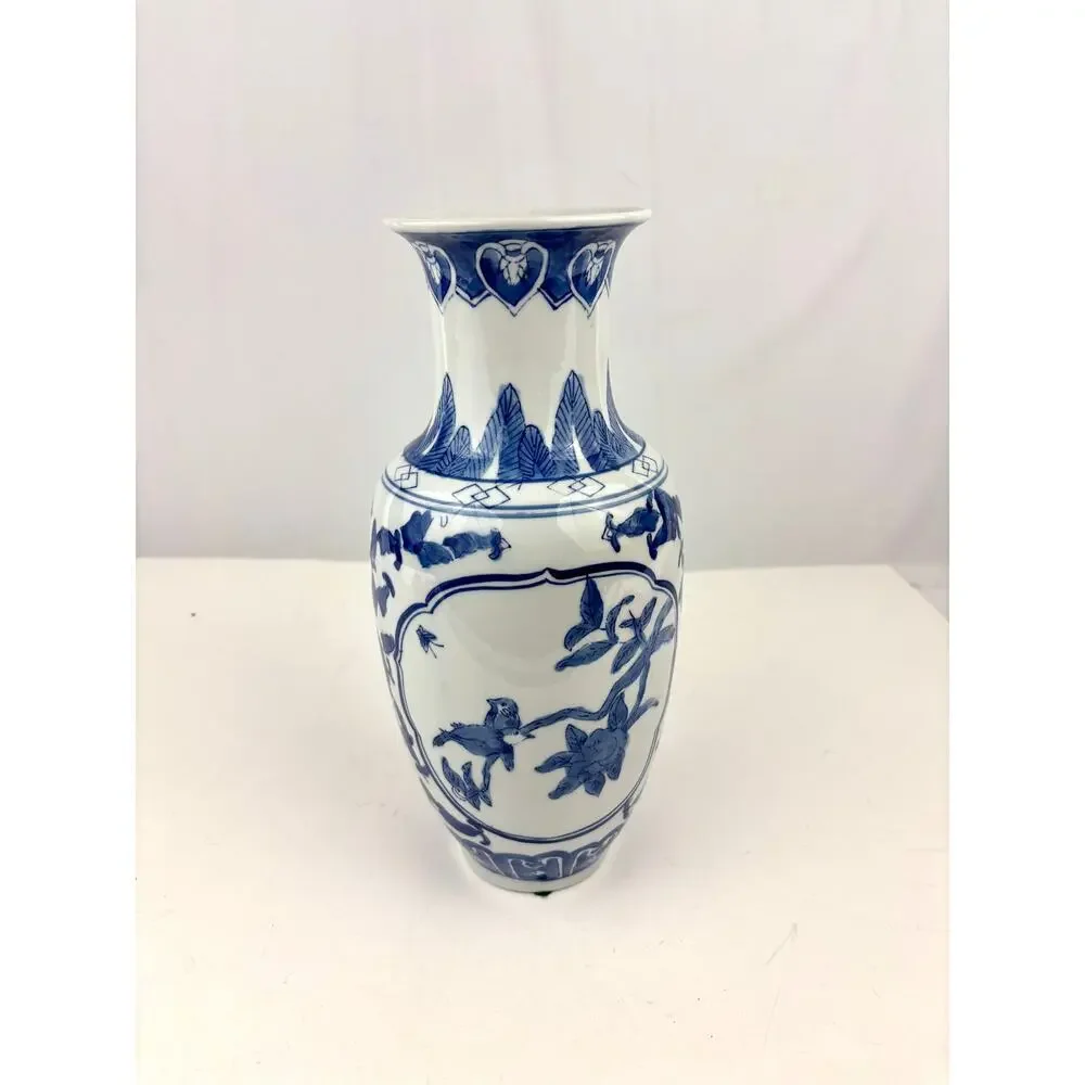 Blue & White Chinese Porcelain Vase with Floral & Bird‎ Design 11.75